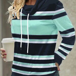 Small Color Block Striped Print Hoodie Casual Long Sleeve Drawstring Hoodies